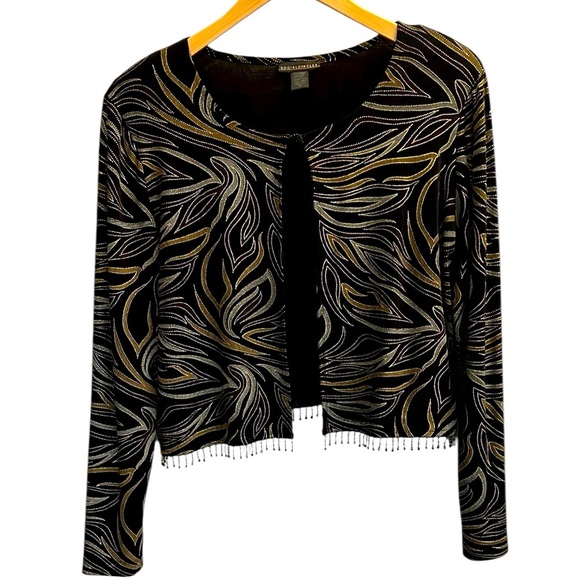 VTG Black Dressy Topper Jacket Black Metallic Beaded Fringe Long Sleeve Flowy 14 - Picture 1 of 14